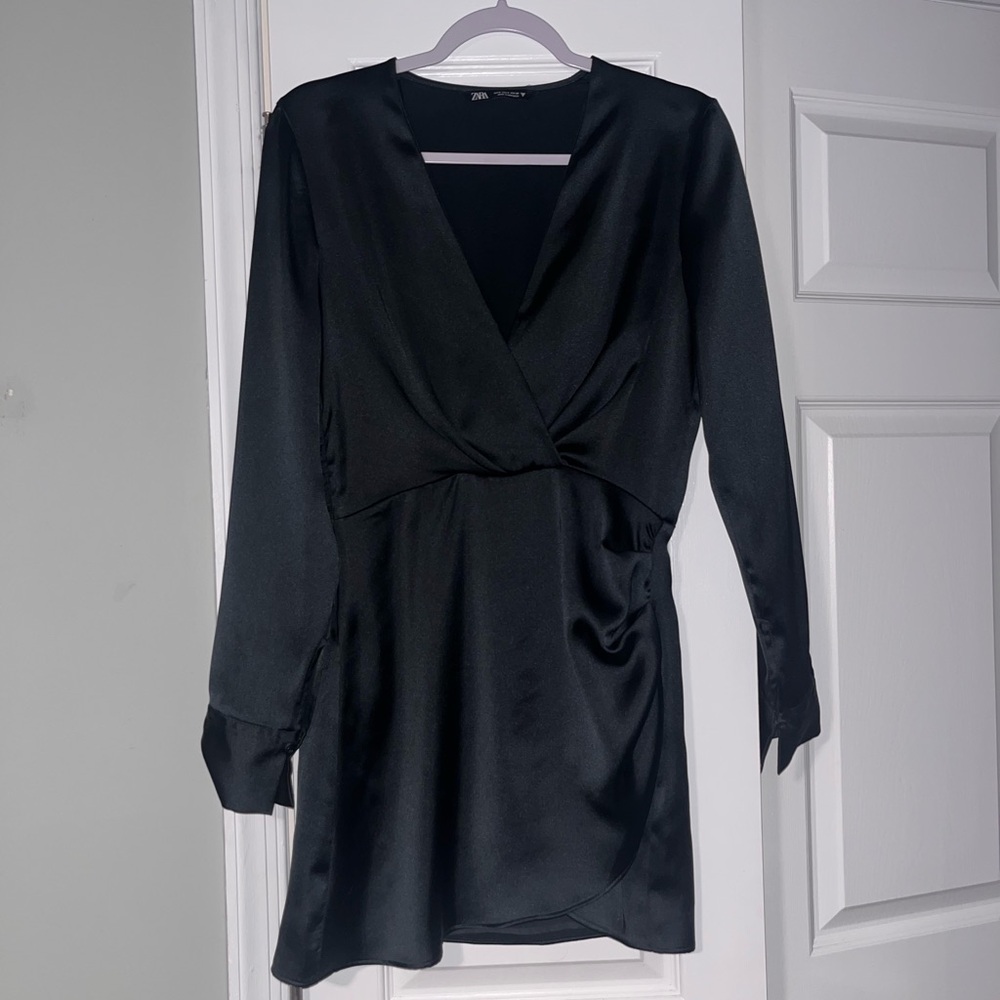 Zara Dark Green Satin Long Sleeve Dress